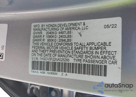 2022 Honda Accord Hybrid Sport from USA, damaged, VIN 1HGCV3F22NA025266